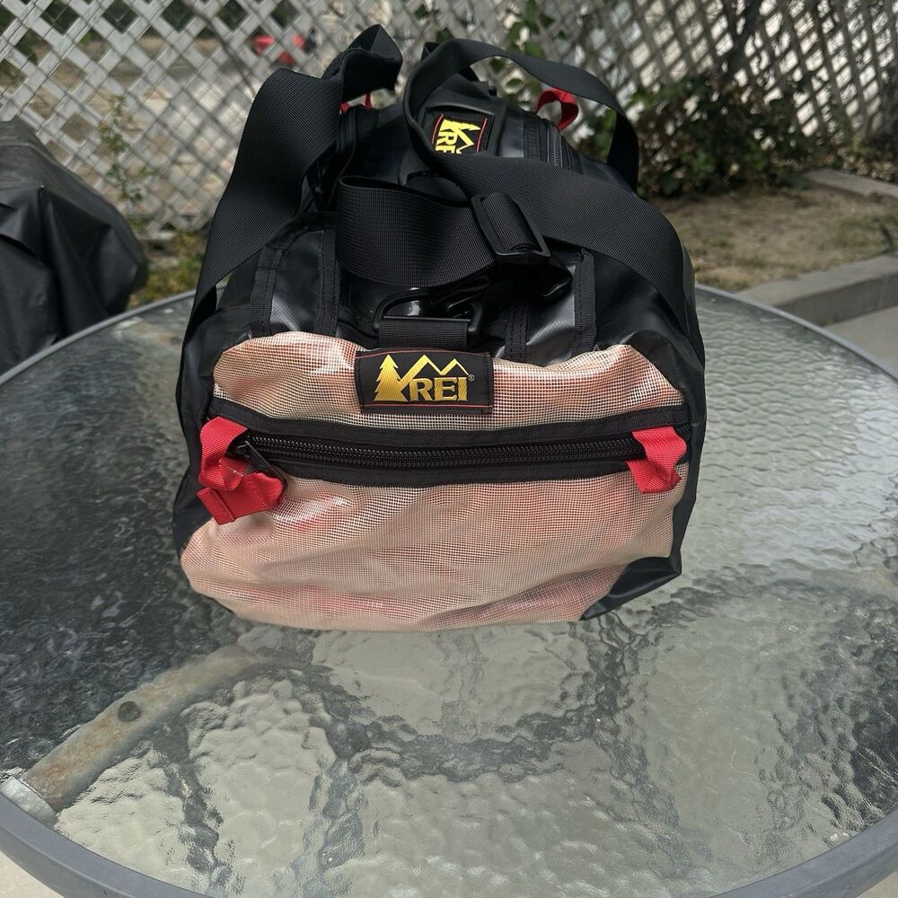 REI Co-op Rubberized Waterproof Duffle Bag Red Black Clear Colorblock